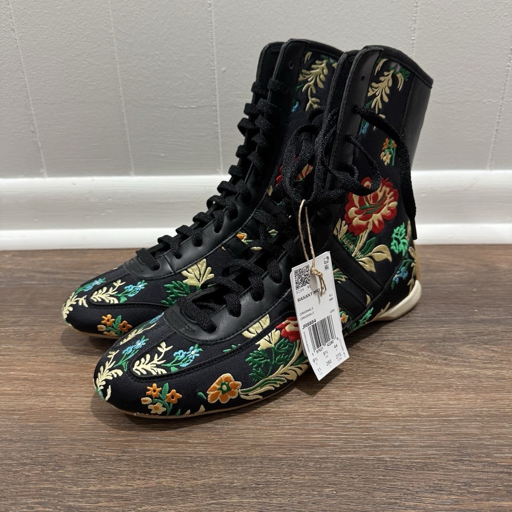 adidas Black High-Top Athletic Shoes with Embroidered Floral Accents